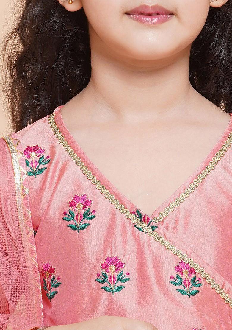 Peach Girls Embroidered Angrakha Gotta Patti Kurta With Trousers And Dupatta