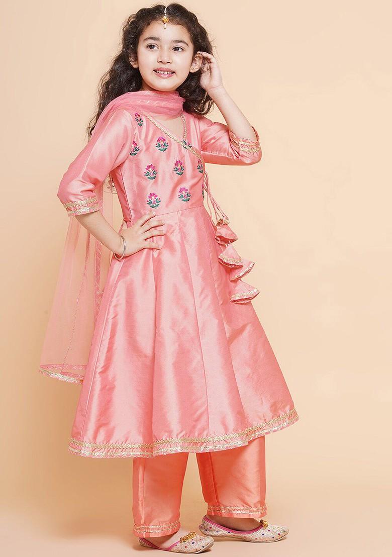 Peach Girls Embroidered Angrakha Gotta Patti Kurta With Trousers And Dupatta