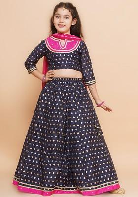 Navy Blue Woven Design Round Neck Ready To Wear Lehenga And Blouse With Dupatta