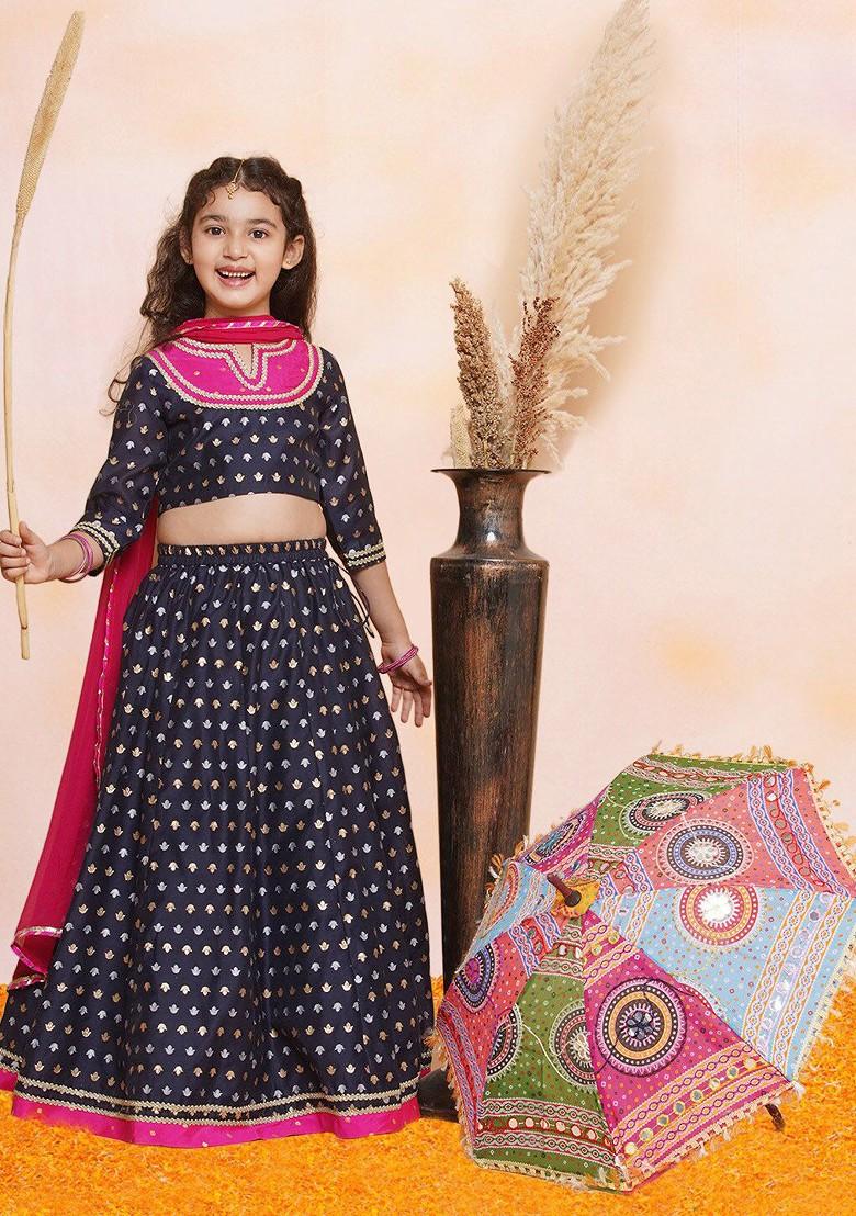 Navy Blue Woven Design Round Neck Ready To Wear Lehenga And Blouse With Dupatta