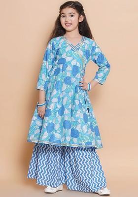 Blue Girls Ethnic Motifs Angrakha Gotta Patti Pure Cotton Kurta With Sharara