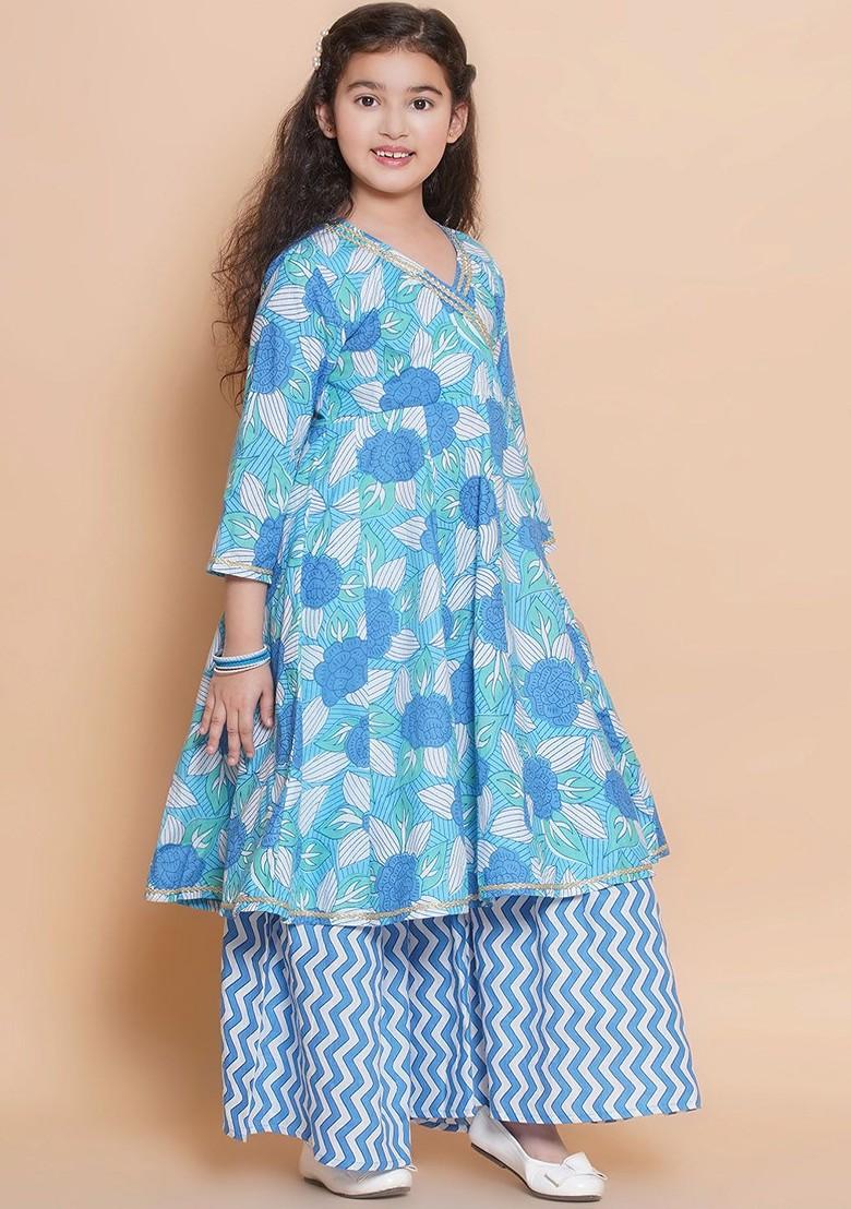Blue Girls Ethnic Motifs Angrakha Gotta Patti Pure Cotton Kurta With Sharara