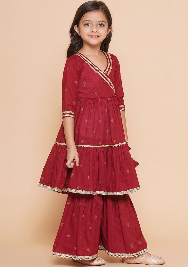 Maroon Girls Ethnic Motifs Printed Gotta Patti Kurta With Sharara And Dupatta