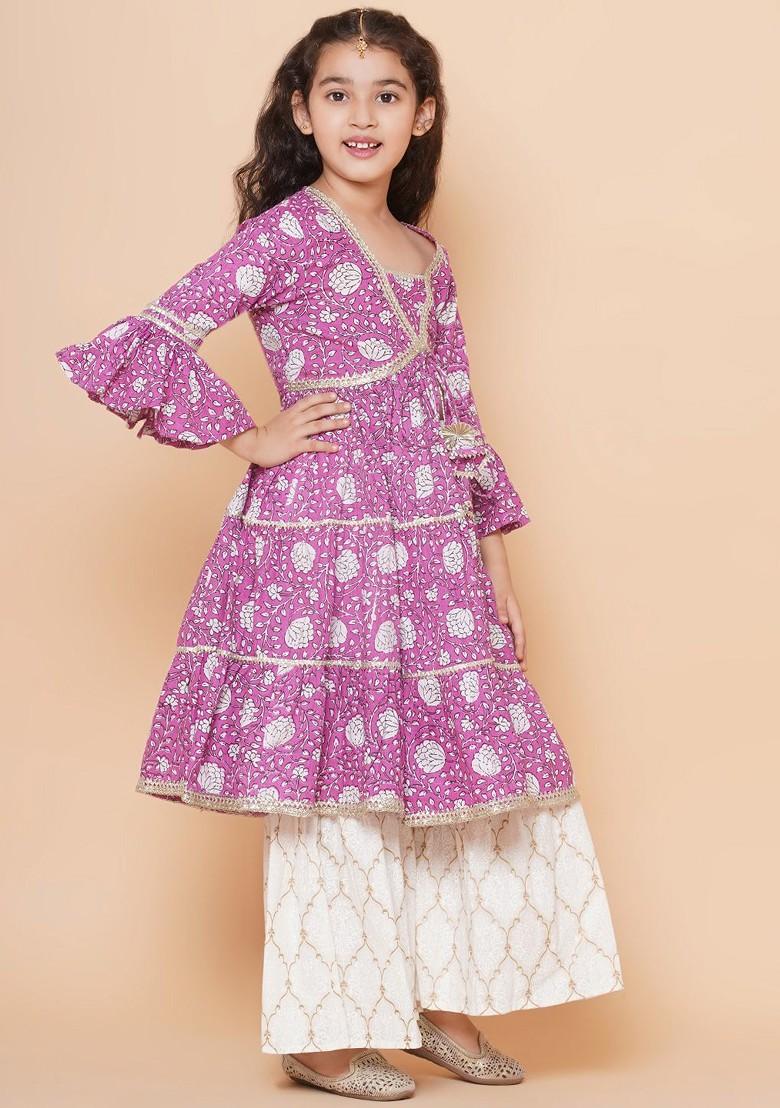 Off White Girls Floral Printed High Slit Anarkali Kurta With Sharara