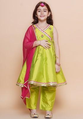 Green Girls Floral Embroidered Angrakha Anarkali Kurta And Trousers With Dupatta