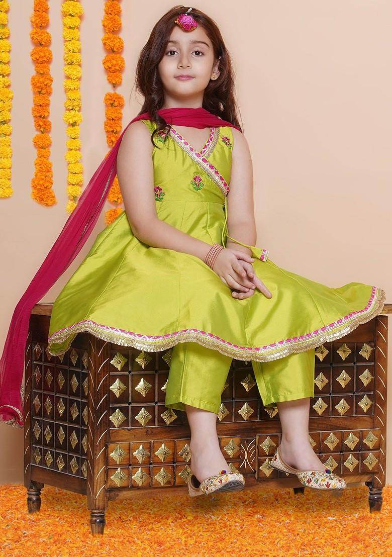 Green Girls Floral Embroidered Angrakha Anarkali Kurta And Trousers With Dupatta