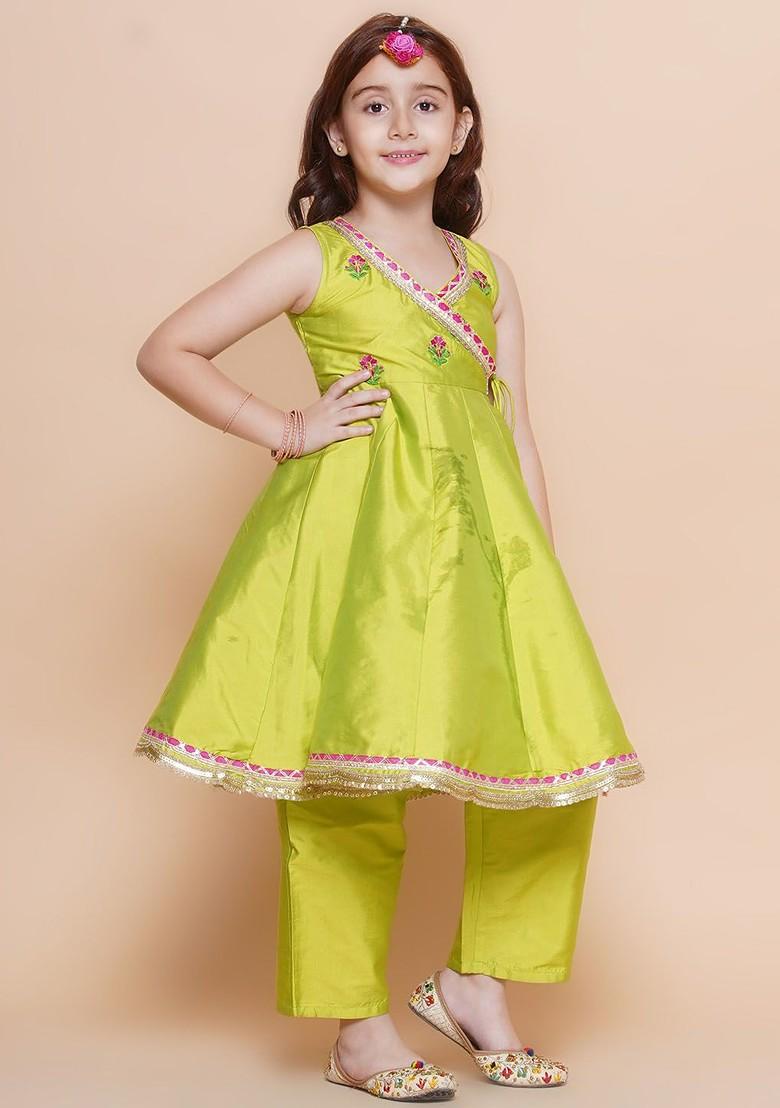 Green Girls Floral Embroidered Angrakha Anarkali Kurta And Trousers With Dupatta