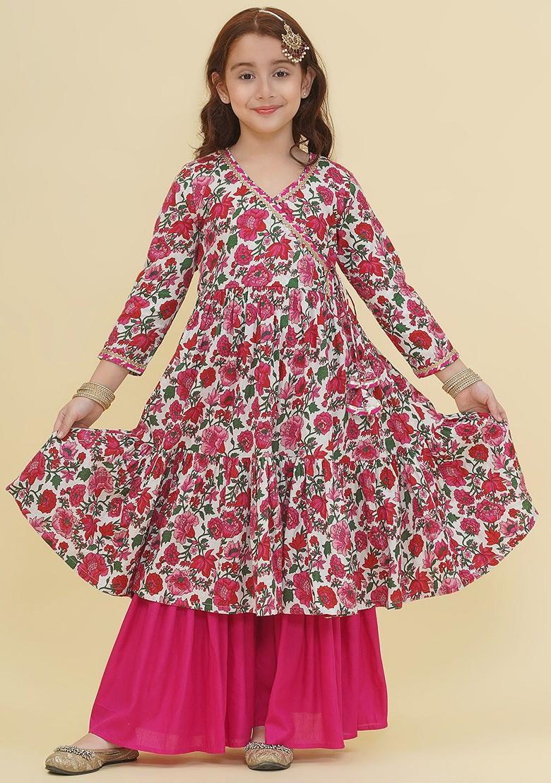 Off White Girls Ethnic Motifs Printed Angrakha Gotta Patti Pure Cotton Kurta With Sharara