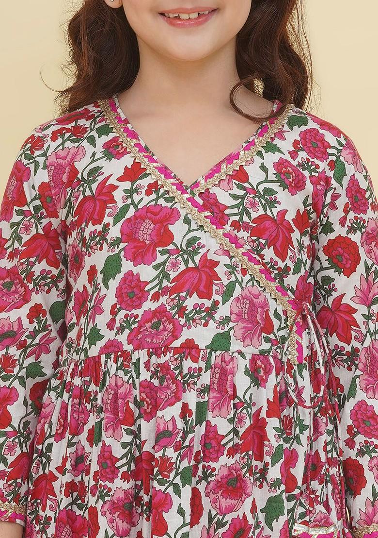 Off White Girls Ethnic Motifs Printed Angrakha Gotta Patti Pure Cotton Kurta With Sharara