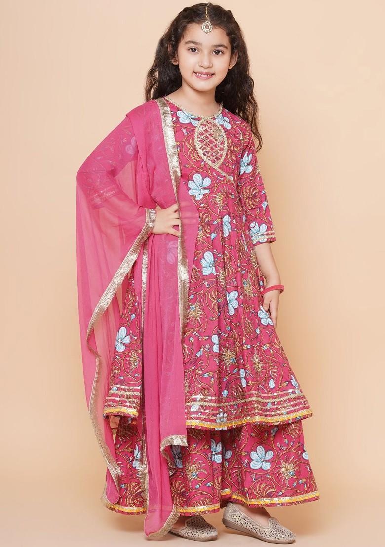 Pink Girls Floral Printed Cotton Kurta With Sharara And Dupatta