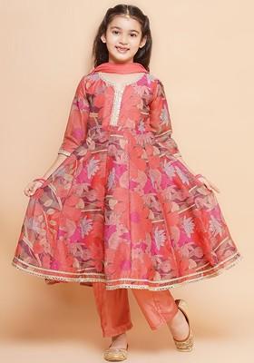 Peach Girls Floral Printed Kurta With Sharara And Dupatta