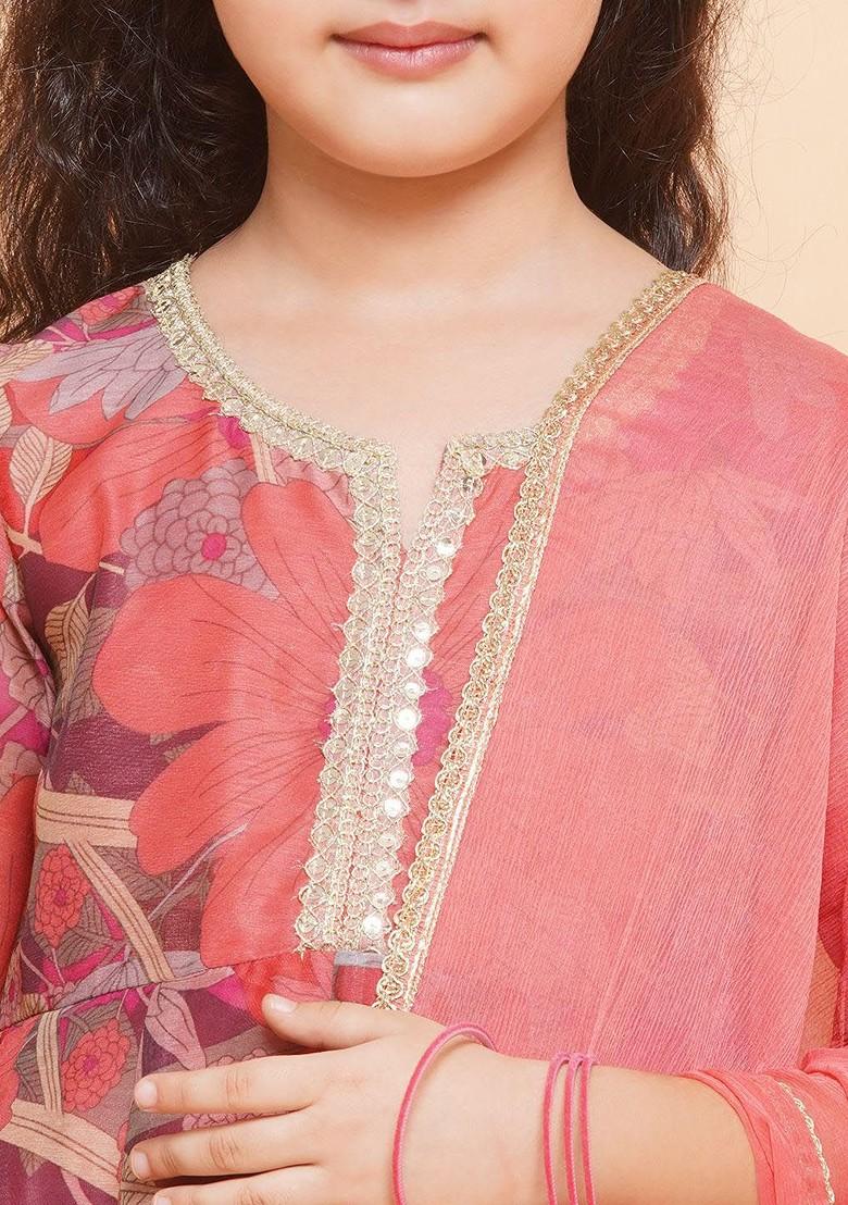 Peach Girls Floral Printed Kurta With Sharara And Dupatta