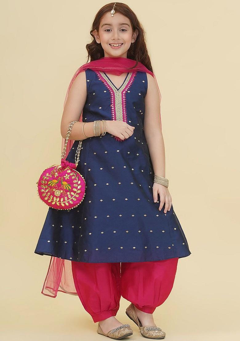 Navy Blue Girls Ethnic Motifs Embroidered Empire Gotta Patti Kurta With Salwar And With Dupatta