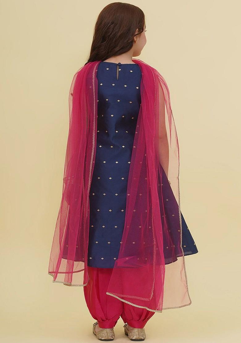Navy Blue Girls Ethnic Motifs Embroidered Empire Gotta Patti Kurta With Salwar And With Dupatta