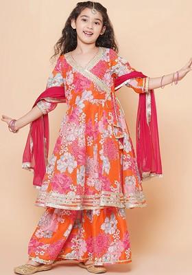 Orange Girls Floral Printed Angrakha Anarkali Kurta And Sharara With Dupatta