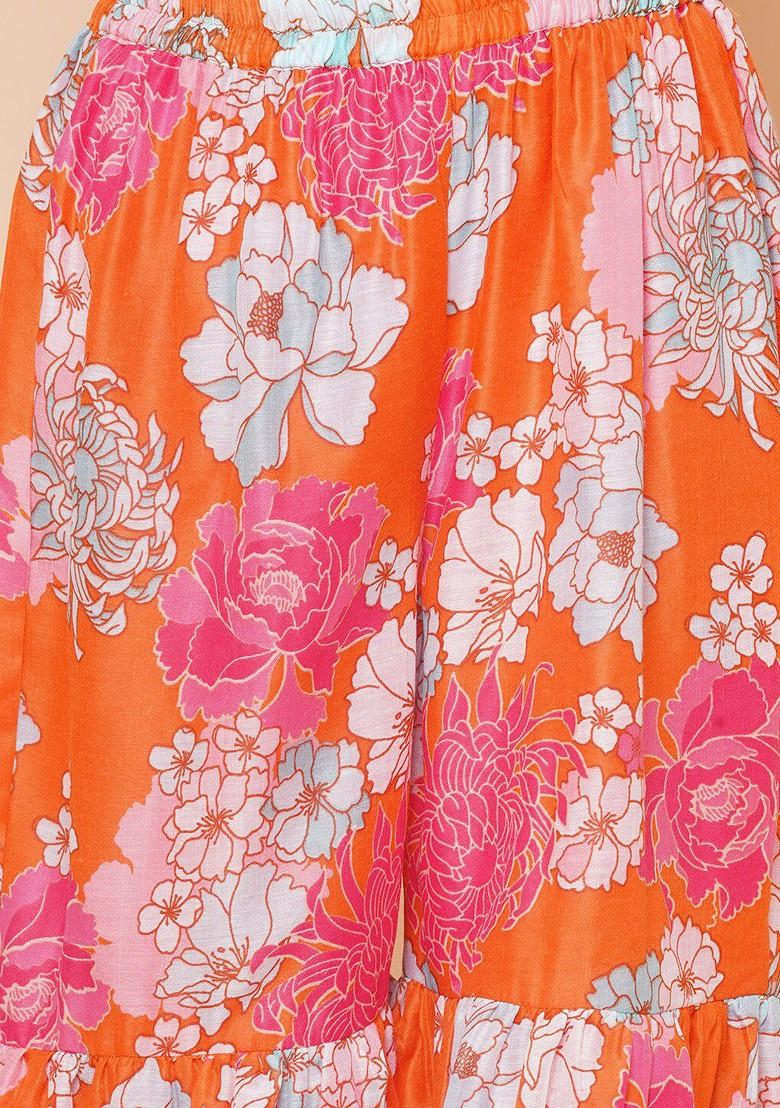 Orange Girls Floral Printed Angrakha Anarkali Kurta And Sharara With Dupatta