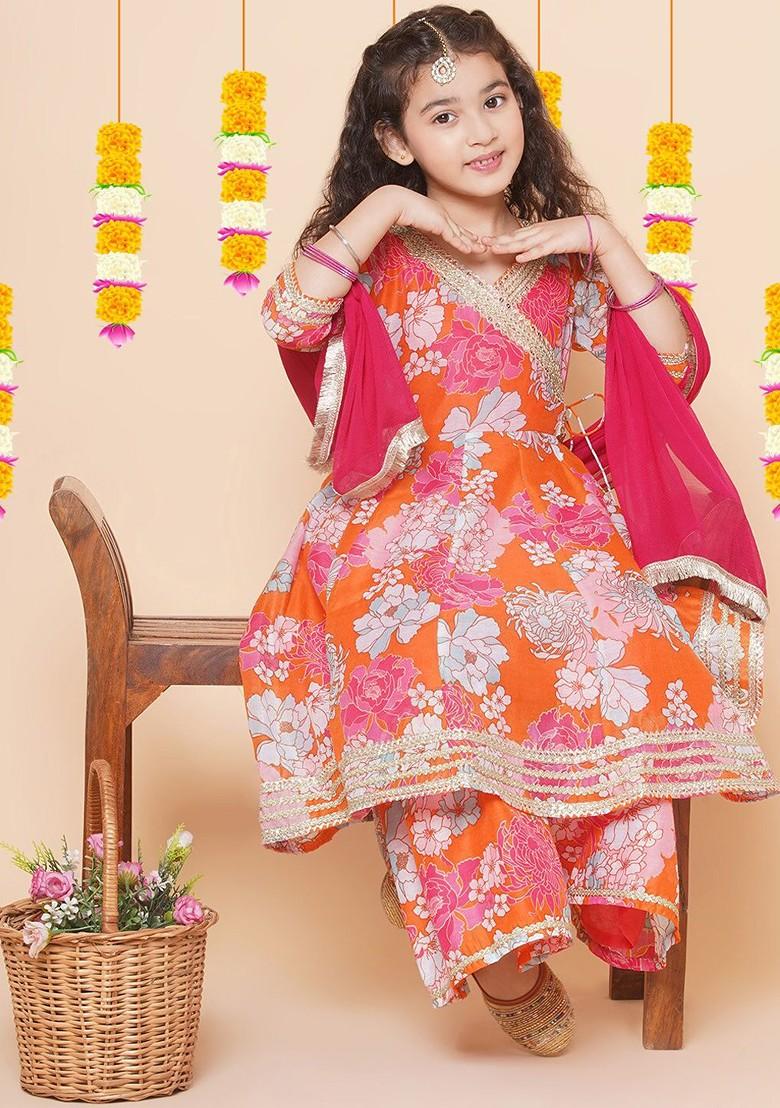 Orange Girls Floral Printed Angrakha Anarkali Kurta And Sharara With Dupatta
