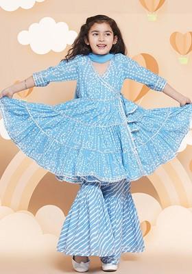 Blue Girls Bandhani Printed Angrakha Pure Cotton Kurta And Sharara With Dupatta