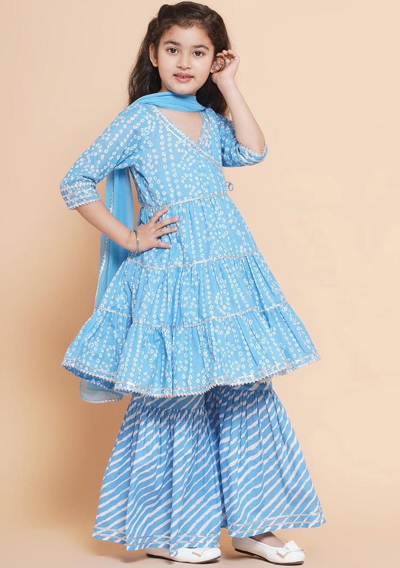 Blue Girls Bandhani Printed Angrakha Pure Cotton Kurta And Sharara With Dupatta