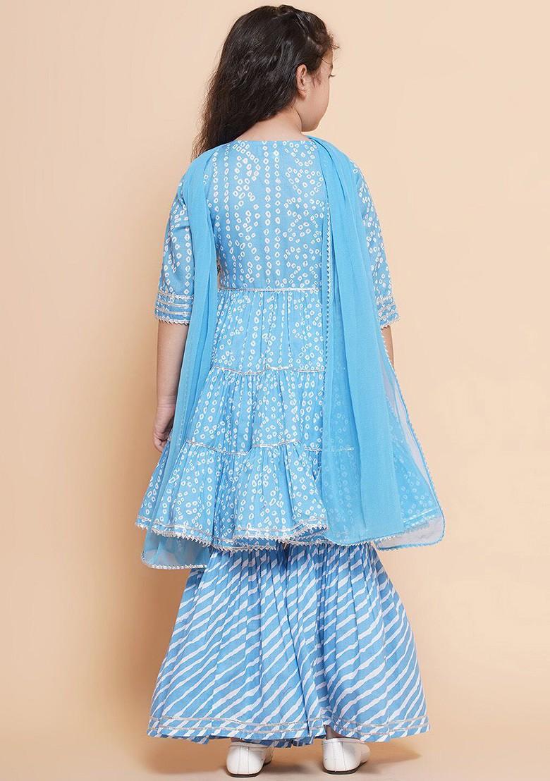 Blue Girls Bandhani Printed Angrakha Pure Cotton Kurta And Sharara With Dupatta