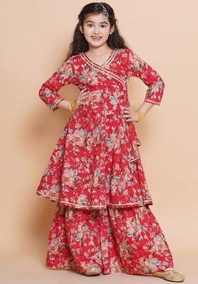 Red Girls Floral Printed V Neck Angrakha Pure Cotton Kurta With Sharara