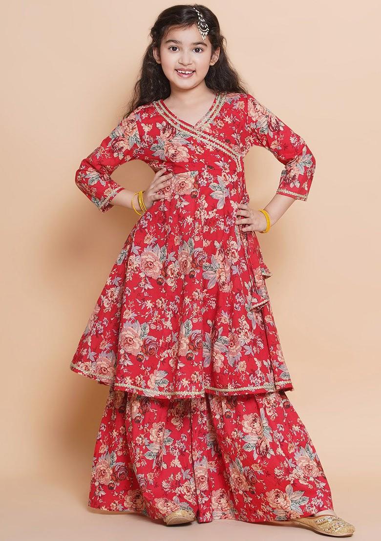 Red Girls Floral Printed V Neck Angrakha Pure Cotton Kurta With Sharara