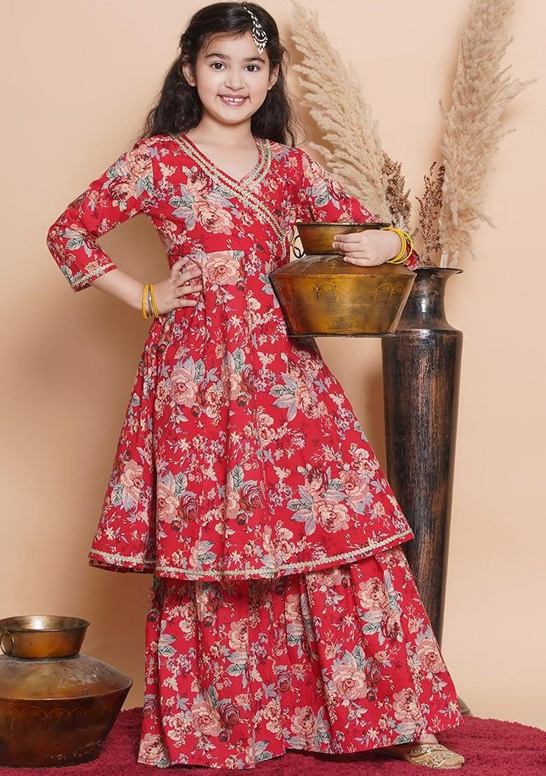 Red Girls Floral Printed V Neck Angrakha Pure Cotton Kurta With Sharara