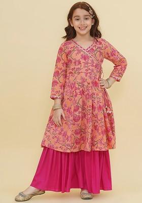 Peach Girls Ethnic Motifs Printed Angrakha Gotta Patti Pure Cotton Kurta With Sharara