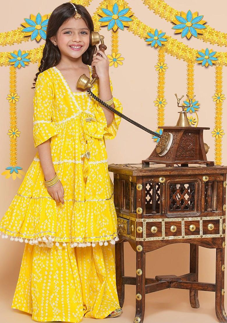 Yellow Girls Bandhani Printed Tiered Pure Cotton Kurta With Sharara