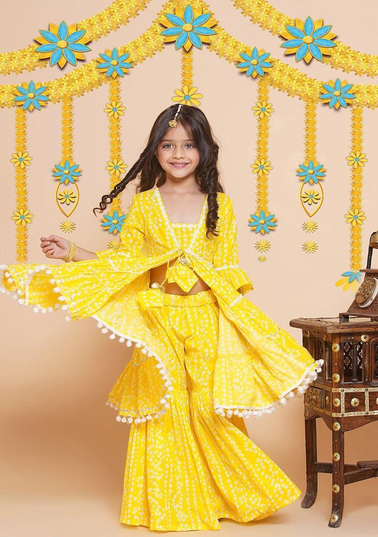 Yellow Girls Bandhani Printed Tiered Pure Cotton Kurta With Sharara