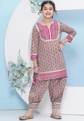 Green Girls Ethnic Motifs Printed Regular Gotta Patti Pure Cotton Kurta With Salwar