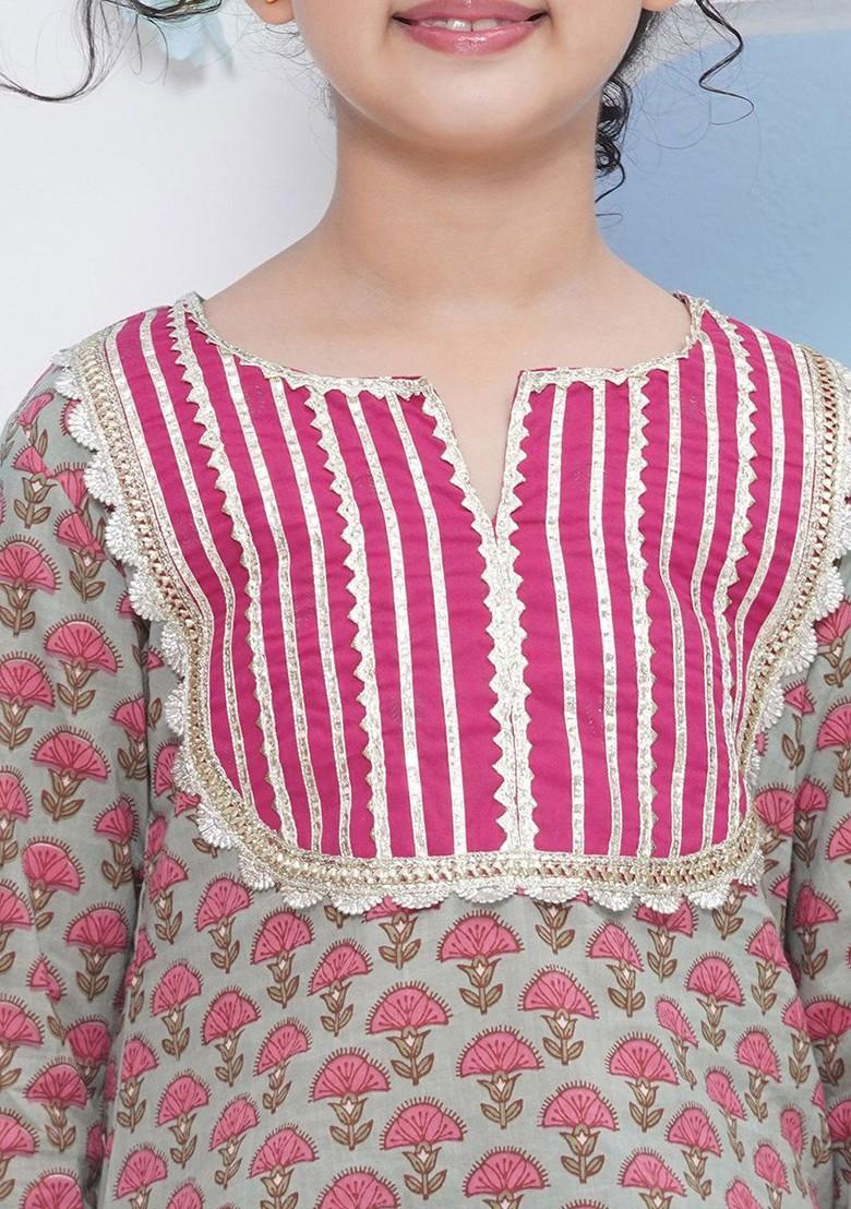 Green Girls Ethnic Motifs Printed Regular Gotta Patti Pure Cotton Kurta With Salwar