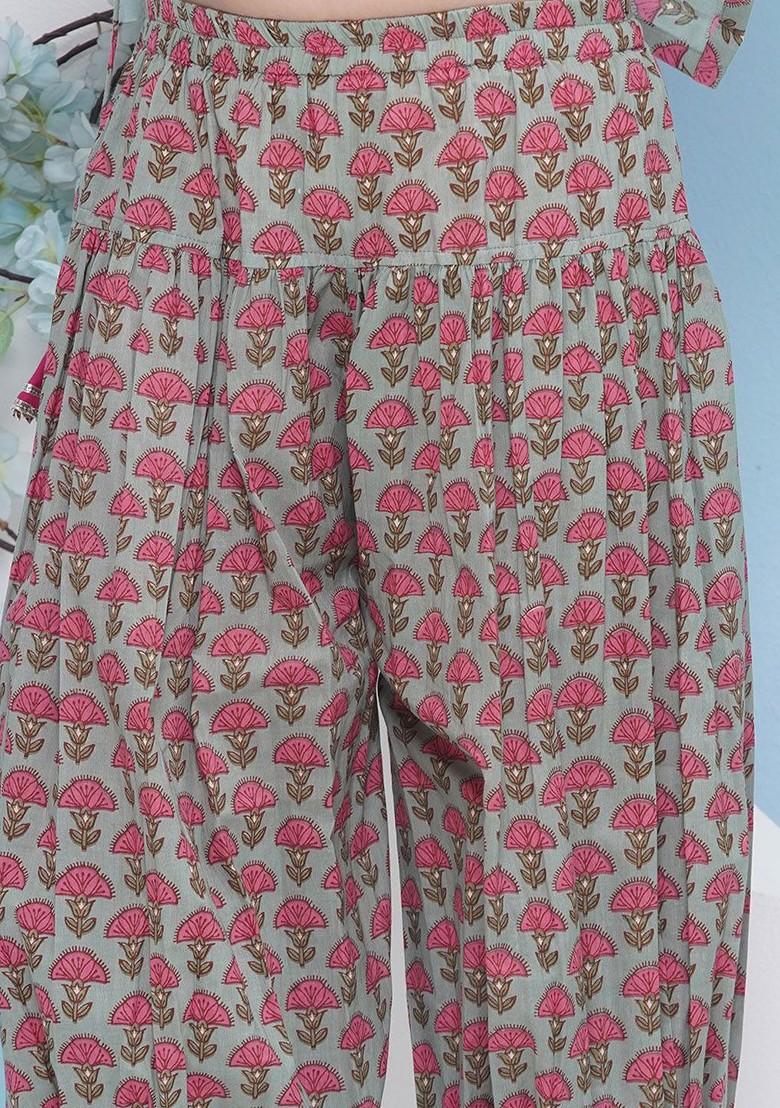 Green Girls Ethnic Motifs Printed Regular Gotta Patti Pure Cotton Kurta With Salwar