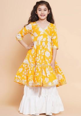 Yellow Girls Floral Printed Angrakha Gotta Patti Pure Cotton Kurta With Sharara