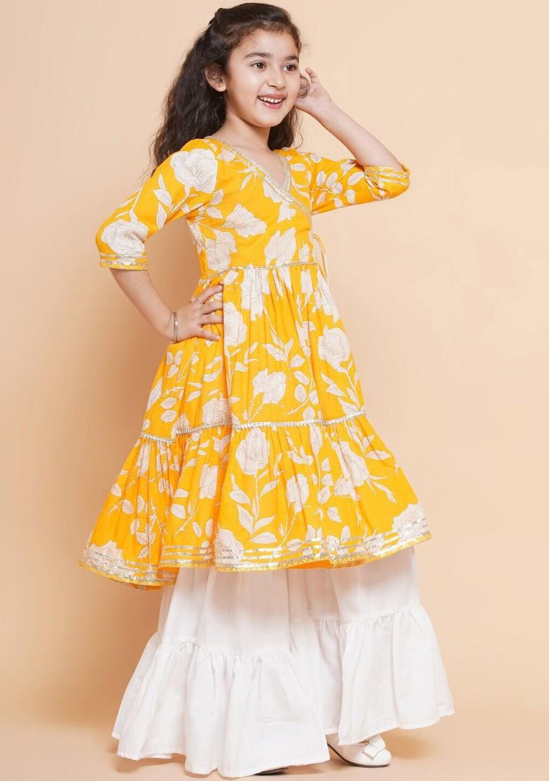 Yellow Girls Floral Printed Angrakha Gotta Patti Pure Cotton Kurta With Sharara