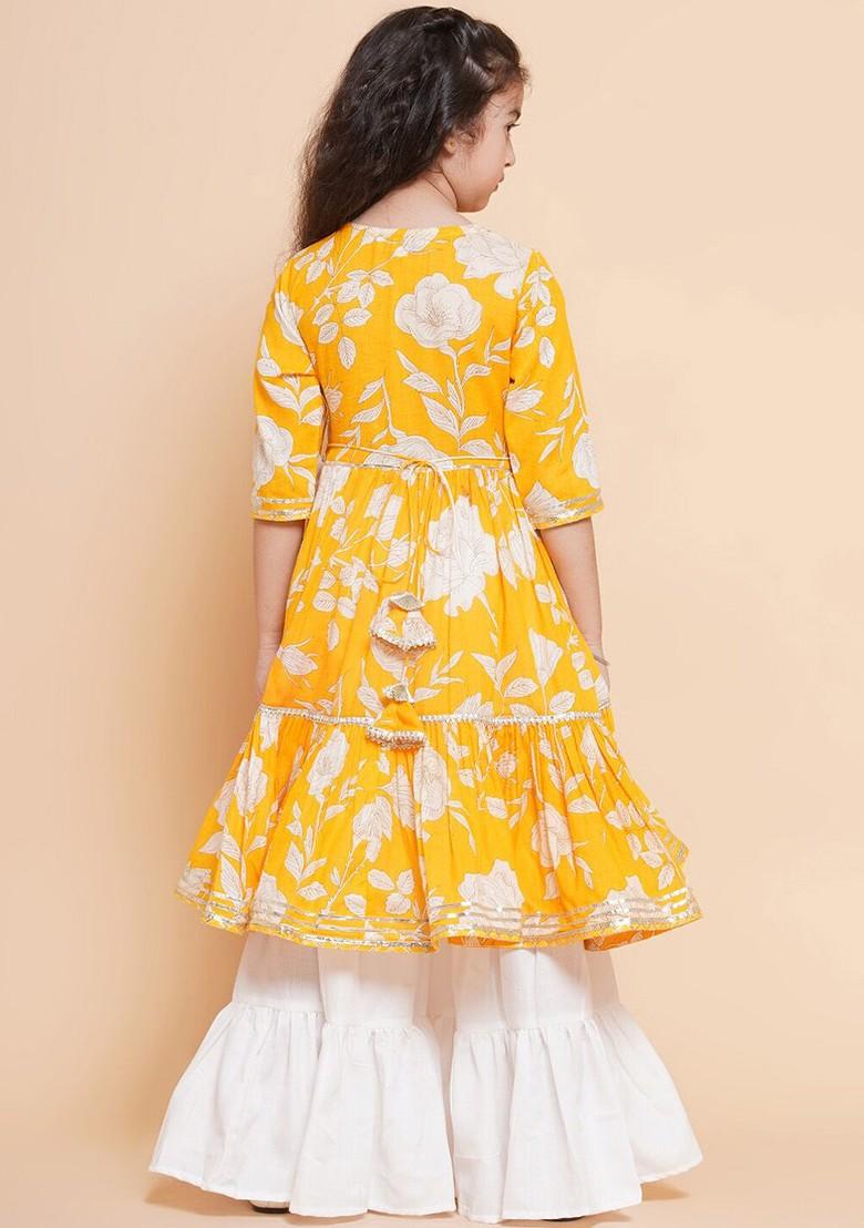 Yellow Girls Floral Printed Angrakha Gotta Patti Pure Cotton Kurta With Sharara
