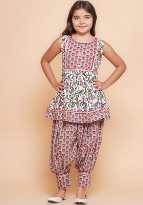 Off White Girls Floral Printed Pure Cotton Anarkali Kurta With Harem Pant