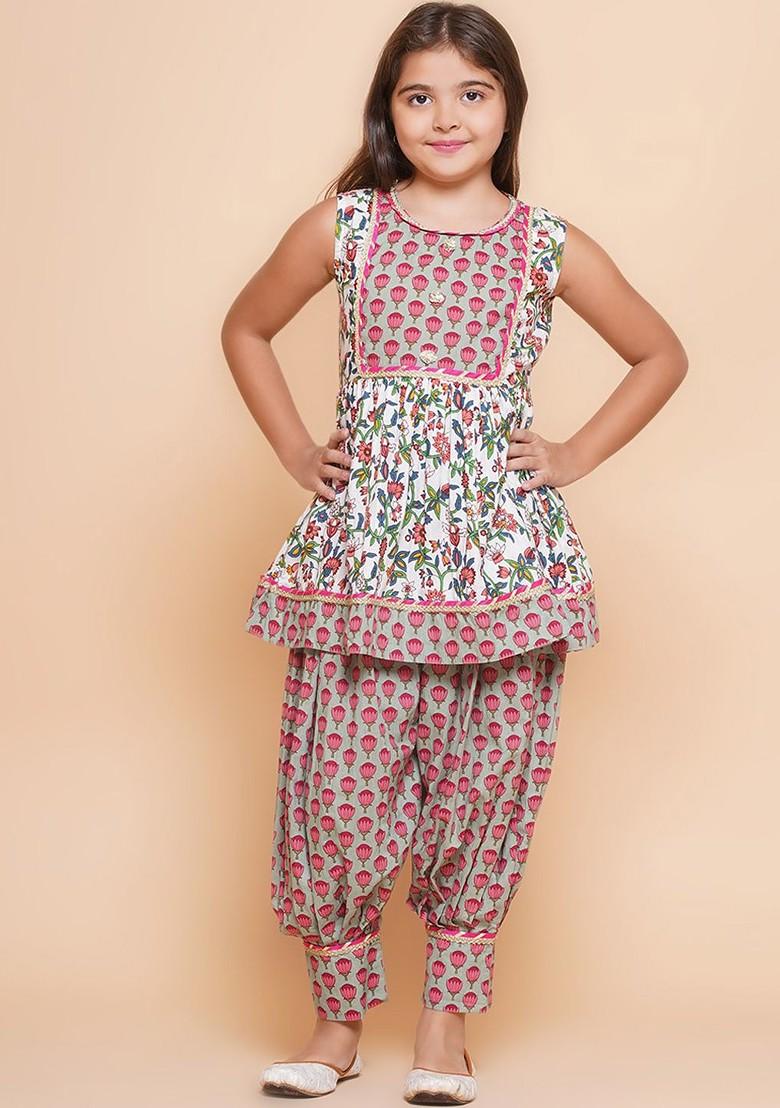 Off White Girls Floral Printed Pure Cotton Anarkali Kurta With Harem Pant