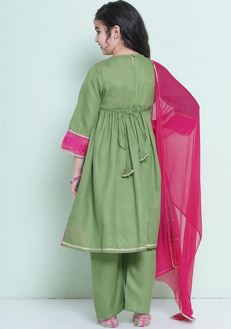 Green Girls Floral Embroidered Anarkali Kurta With Trousers And Dupatta