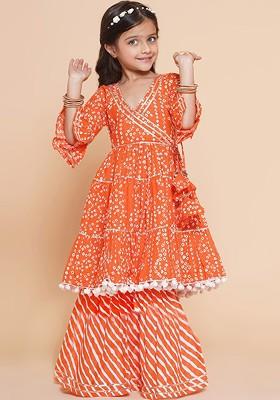 Orange Girls Bandhani Printed Angrakha Gotta Patti Pure Cotton Kurta With Sharara