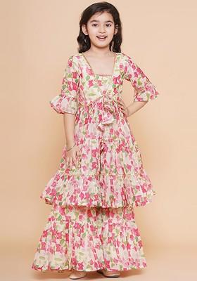 Cream Girls Floral Printed Tiered Kurta With Sharara