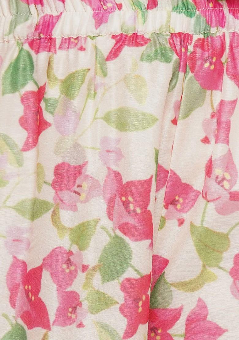 Cream Girls Floral Printed Tiered Kurta With Sharara