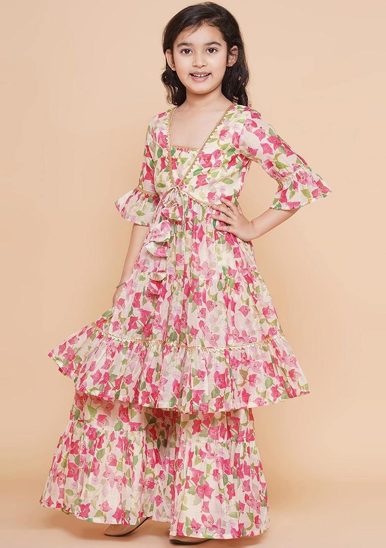 Cream Girls Floral Printed Tiered Kurta With Sharara