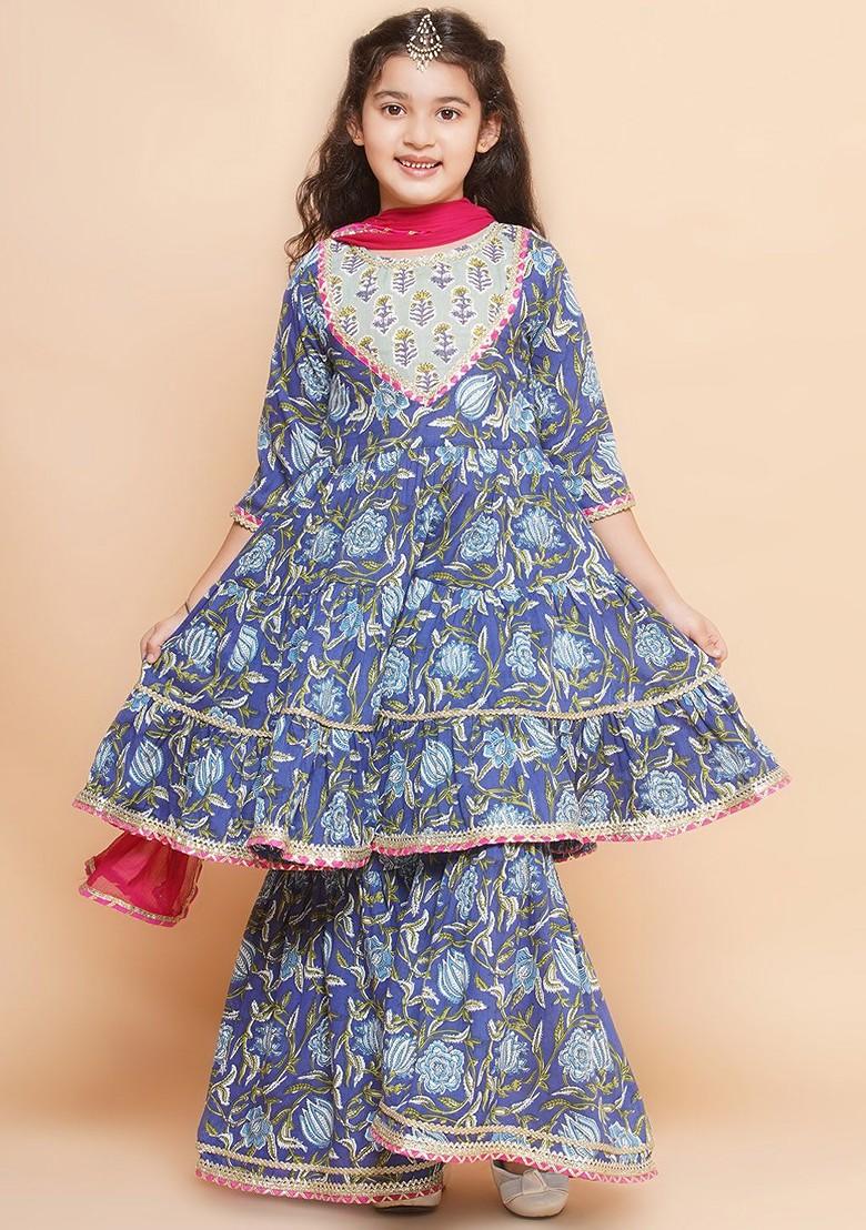 Blue Girls Floral Printed Regular Pure Cotton Kurta With Sharara And Dupatta