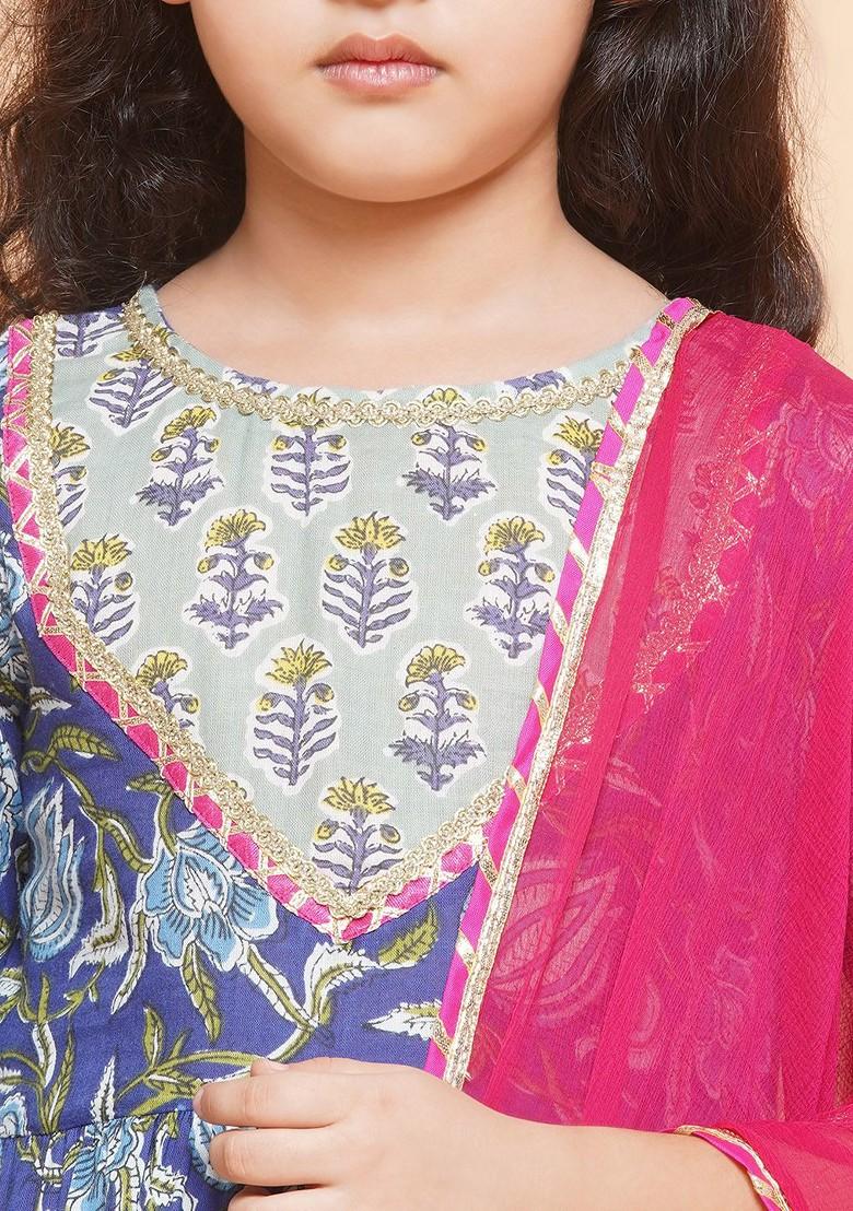 Blue Girls Floral Printed Regular Pure Cotton Kurta With Sharara And Dupatta