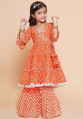 Orange Girls Bandhani Printed Angrakha Gotta Patti Pure Cotton Kurta With Sharara