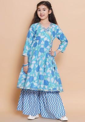 Blue Girls Floral Printed Cotton Kurta With Sharara