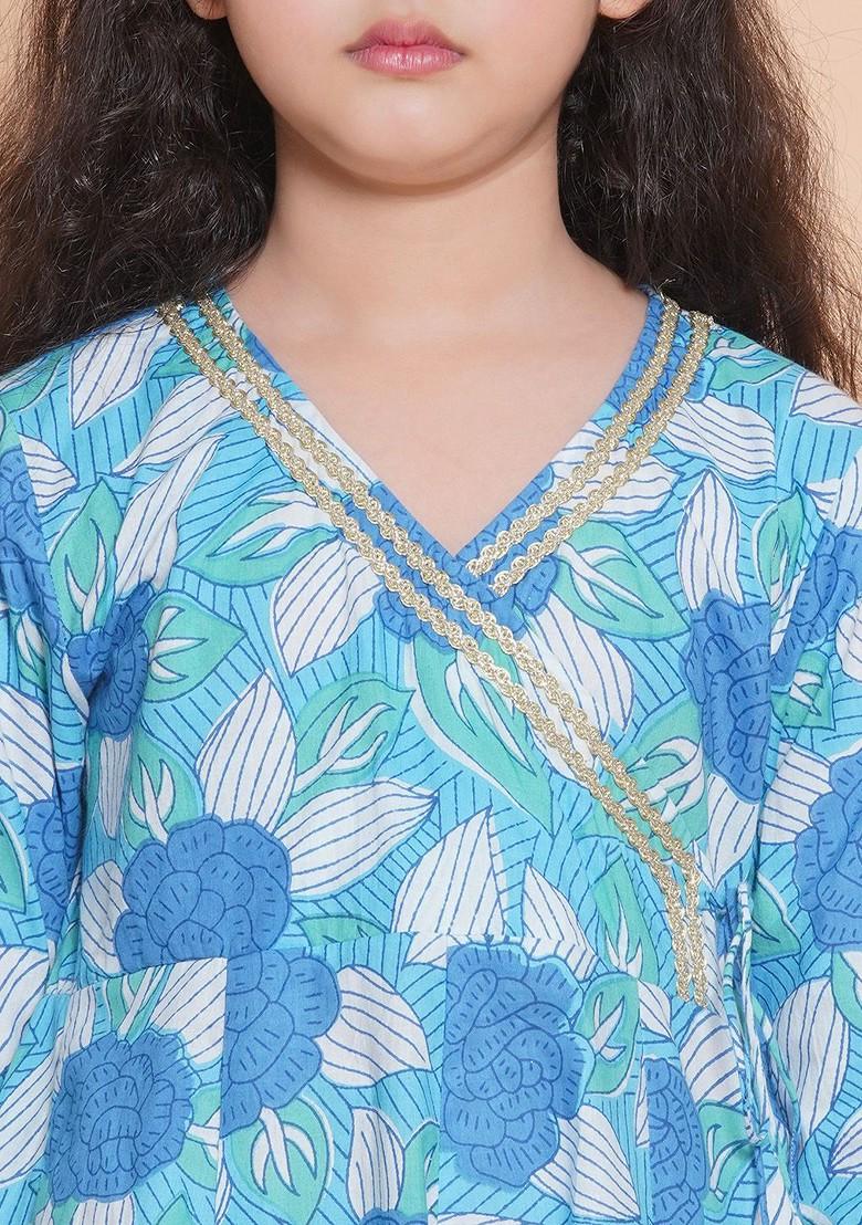 Blue Girls Floral Printed Cotton Kurta With Sharara