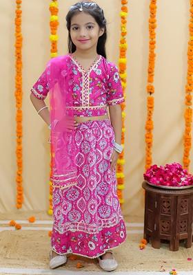Girls Ethnic Motifs Printed Ready To Wear Cotton Lehenga And Blouse With Dupatta