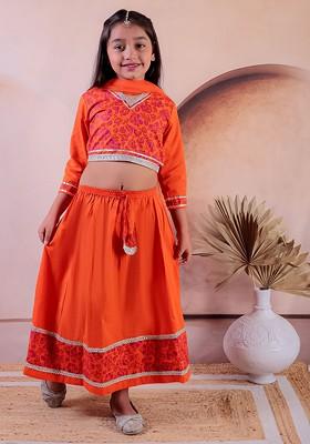 Girls Printed V Neck Pure Cotton Ready To Wear Lehenga And Blouse With Dupatta